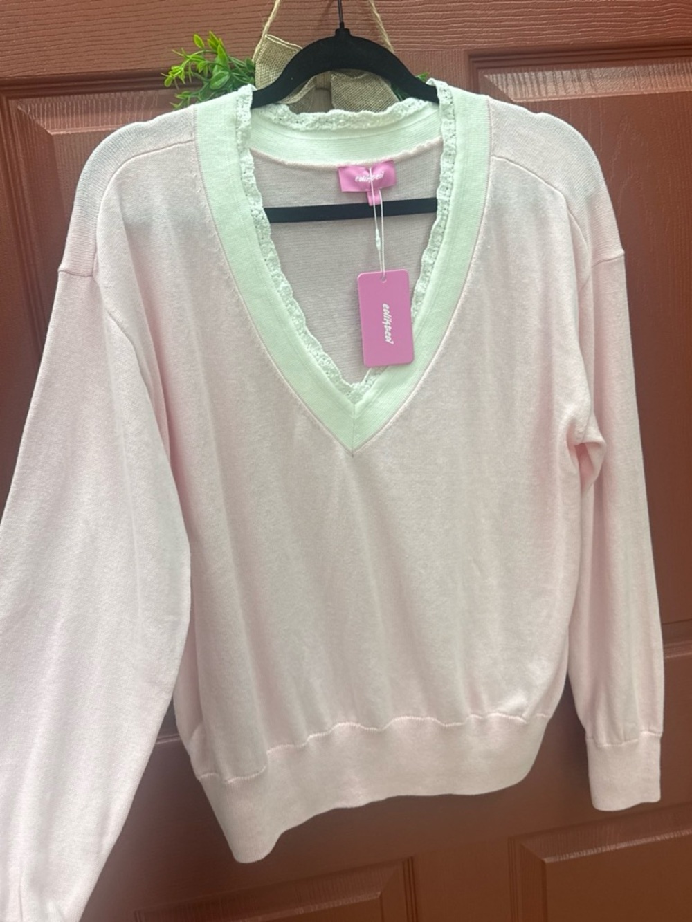 Edikted Soft Pink V-Neck Lace Trim Sweater